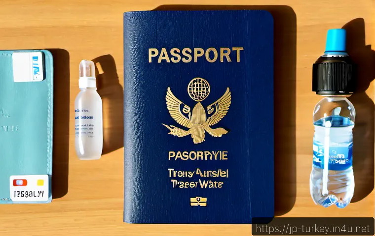 튀르키예 여행 준비물 체크리스트 - Photorealistic overhead flat lay of essential travel preparations for a Türkiye trip, neatly arrange...