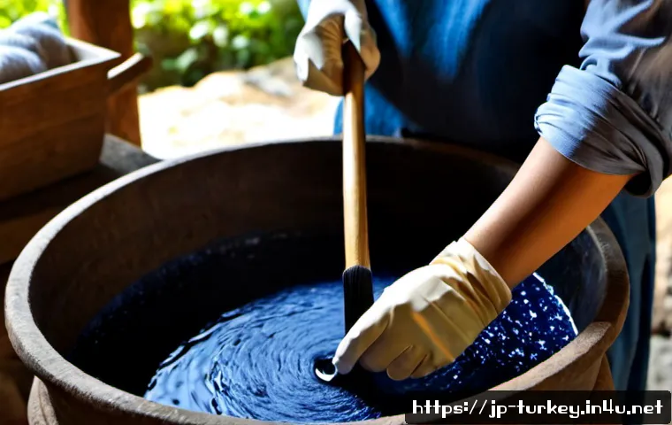 튀르키예 전통 염색 공예 - Photorealistic close-up of a Turkish traditional dye artisan wearing modest work clothes and protect...