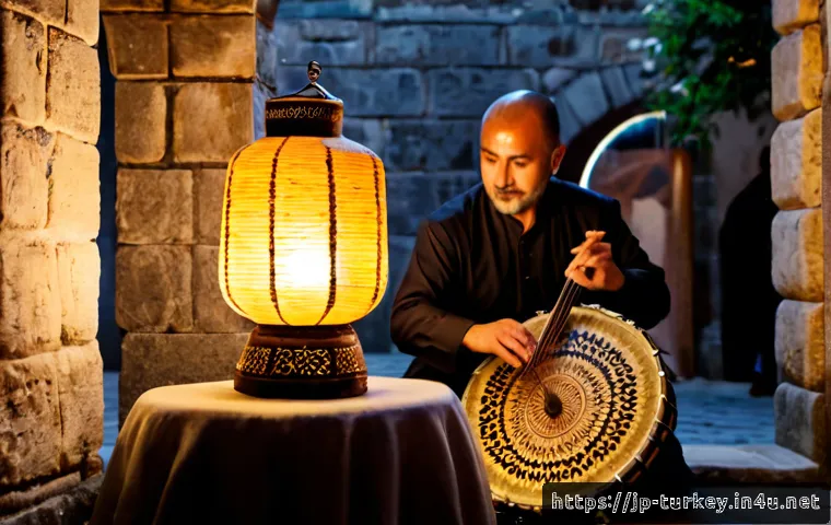 튀르키예 전통 음악과 춤 - Photorealistic evening performance of traditional Turkish folk music in a historic stone courtyard, ...